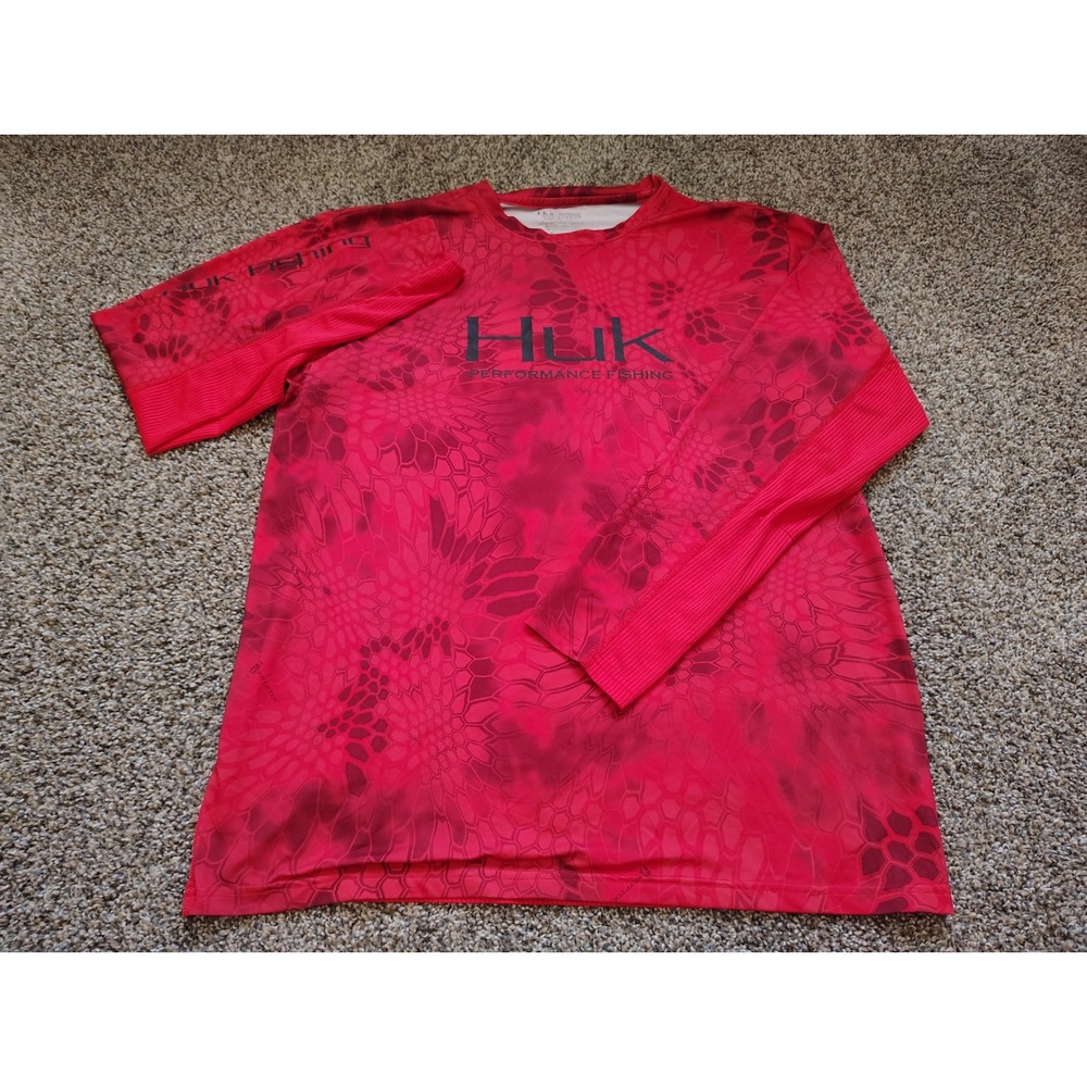 Huk Performance Fishing Shirt Mens Large Red Kryptek Camo Mesh Back Long Sleeve